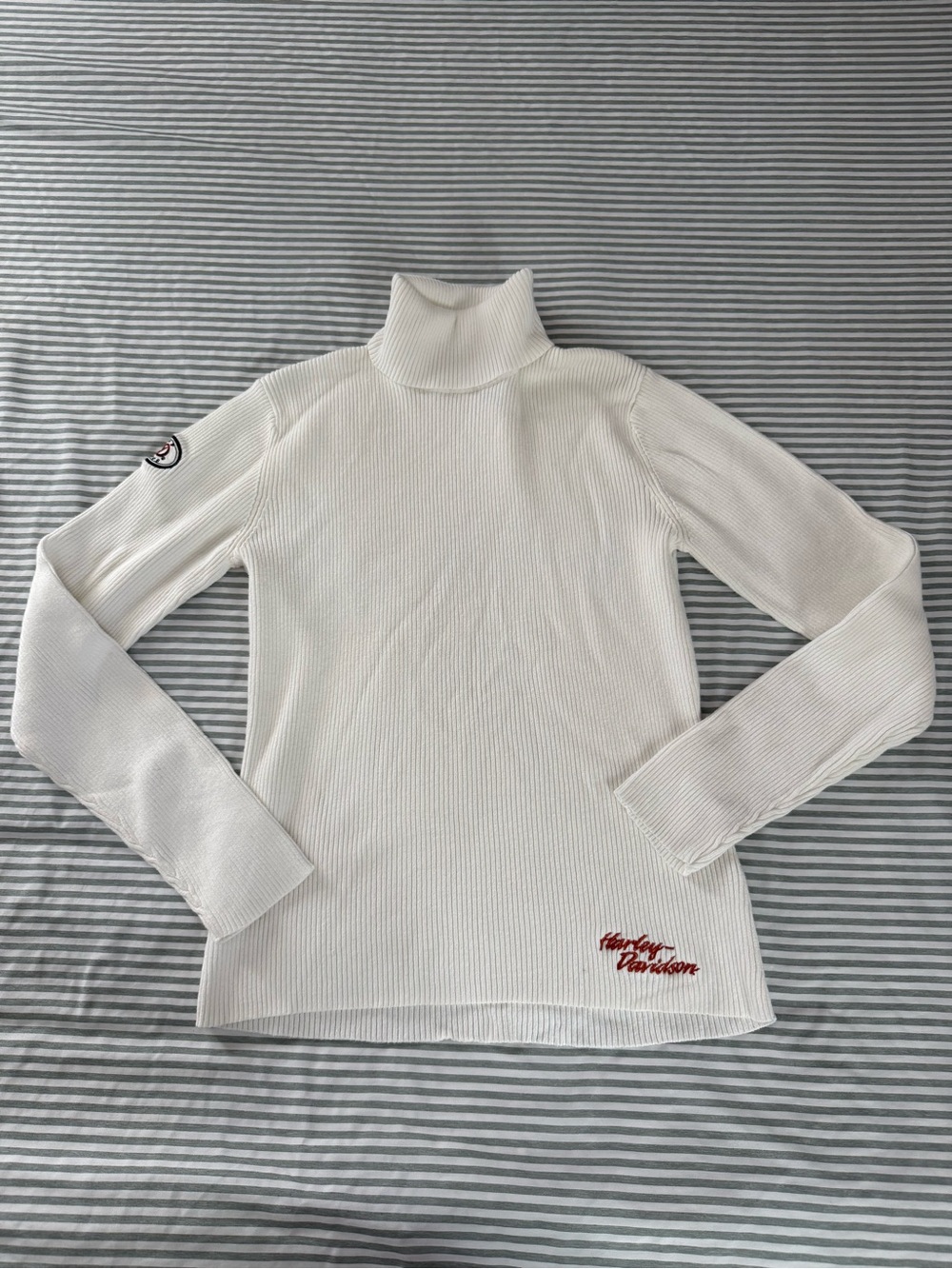 Cream color Ribbed Turtleneck Harley Davidson Sweater with Red Script Accent